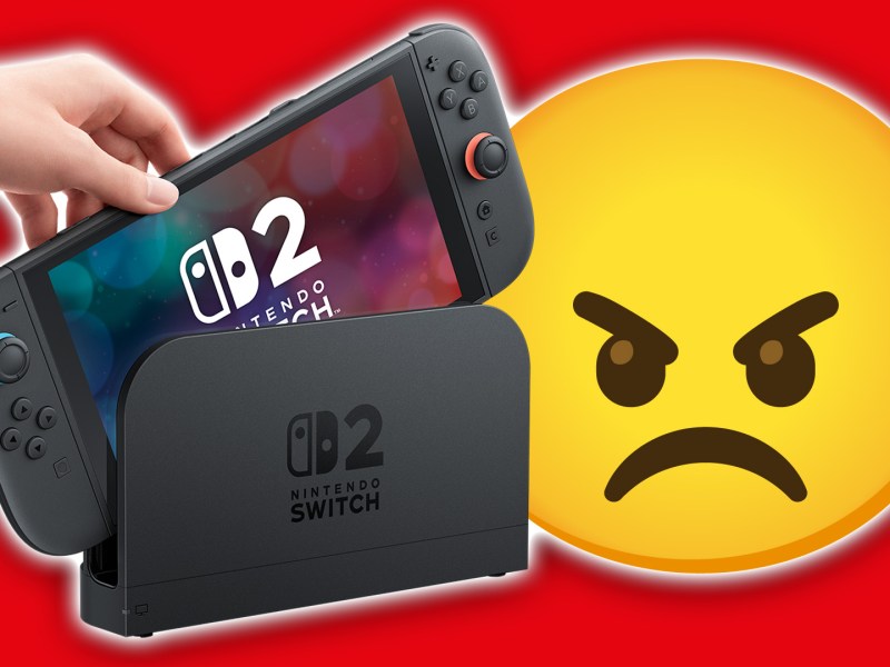 Eine Nintendo Switch 2 und ein wütender Emoji.