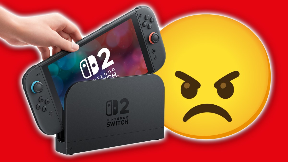Eine Nintendo Switch 2 und ein wütender Emoji.