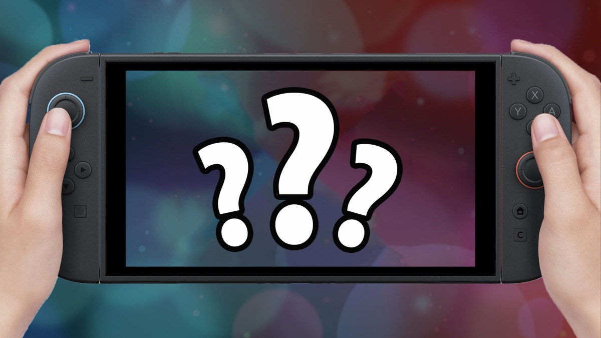 Die Nintendo Switch 2 und drei weiße Fragezeichen auf dem Bildschirm