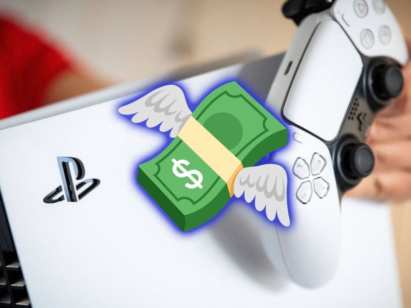 PlayStation 5 mit davonfliegendem Geldscheinbündel