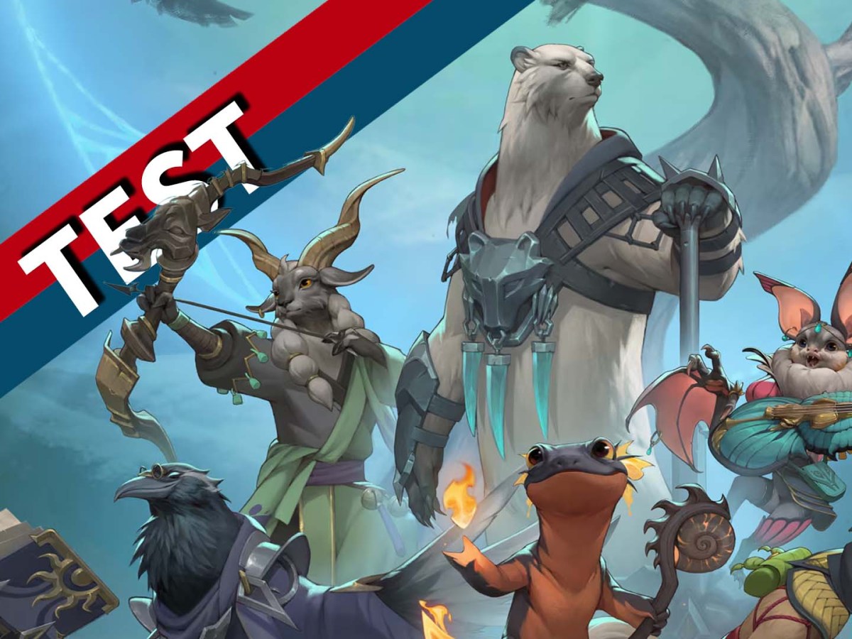 Artwork von Sunderfolk mit den sechs spielbaren Charakteren. Versehen mit dem 4P-Testbanner.