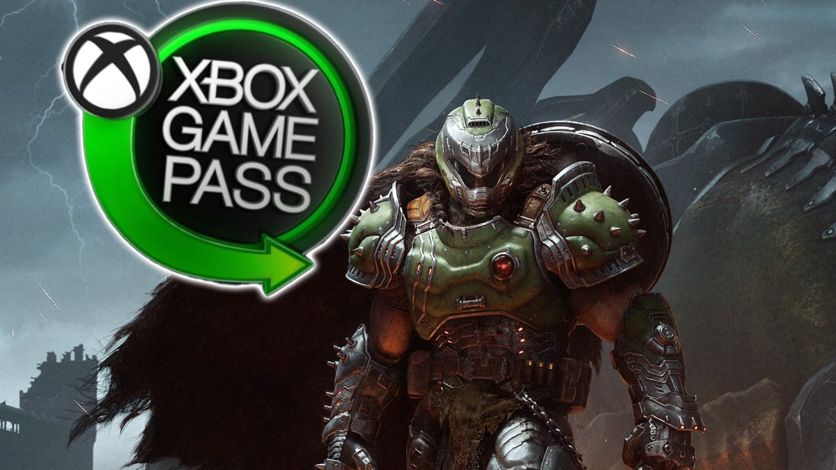 Artwork von Doom: The Dark Ages mit dem Doom Slayer im Vordergrund. Zu sehen ist außerdem das Logo des Xbox Game Pass.