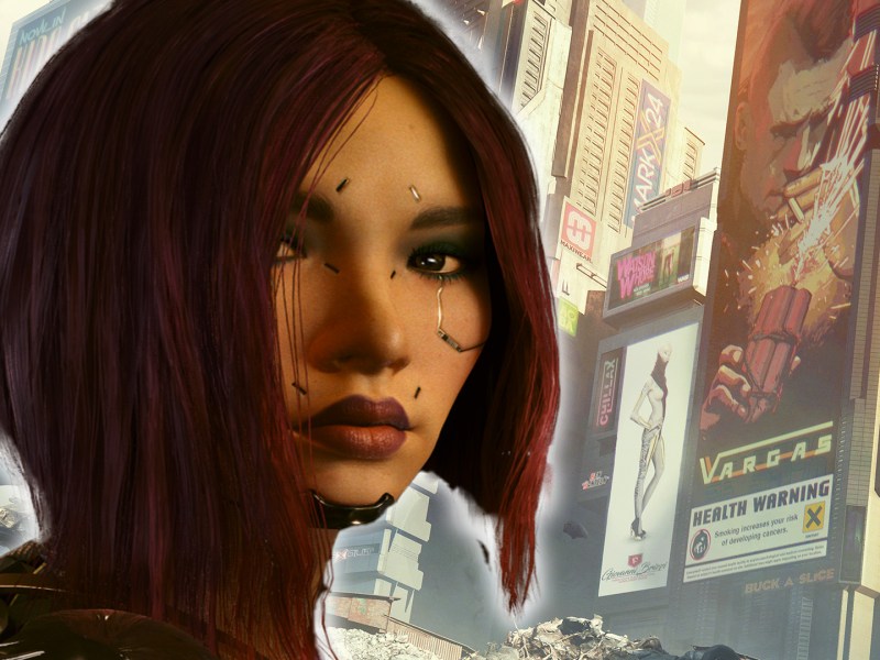 Artwork aus Cyberpunk 2077. Im Vordergrund ist ein Charakter aus dem DLC Phantom Liberty zu sehen.