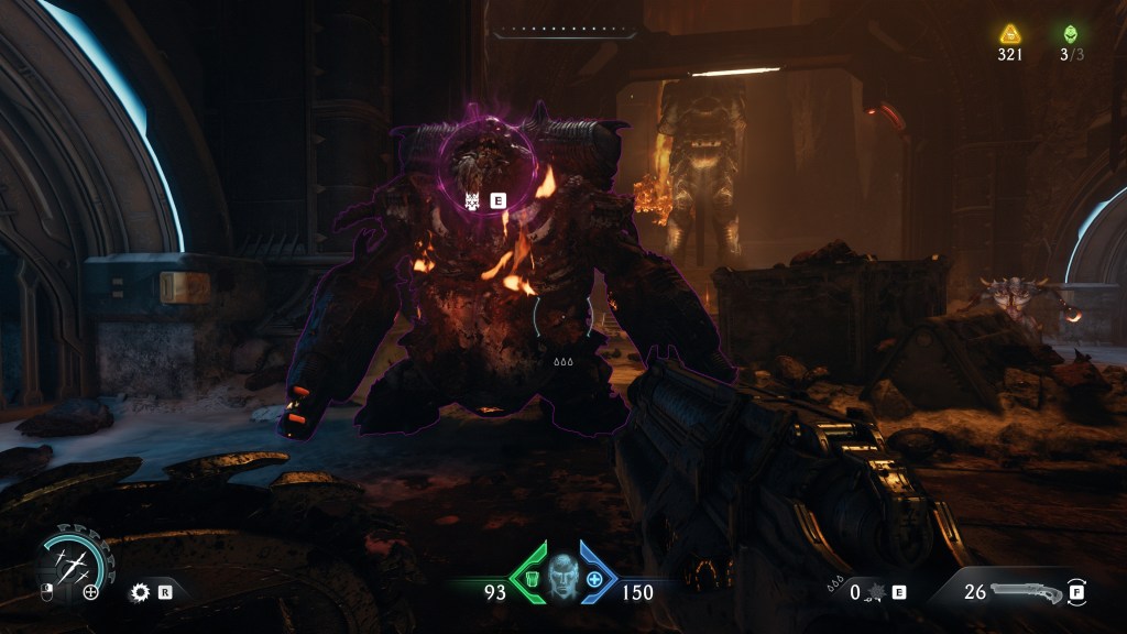 Screenshot aus Doom: The Dark Ages. Zu sehen ist der Moment kurz vor einem Glory Kill.