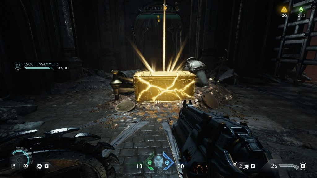 Screenshot aus Doom: The Dark Ages. Zu sehen ist eine Goldkiste.