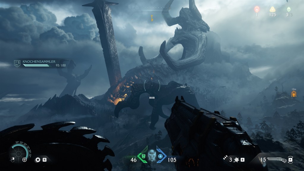Screenshot aus Doom: The Dark Ages. Zu sehen ist ein Blick in die Umgebung, in der ein gigantischer Dämon erstochen wurde.