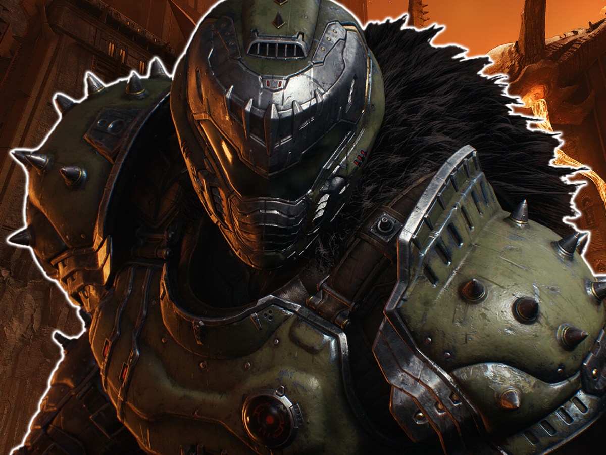 Screenshot aus Doom: The Dark Ages mit einem Artwork des Slayers im Vordergrund.