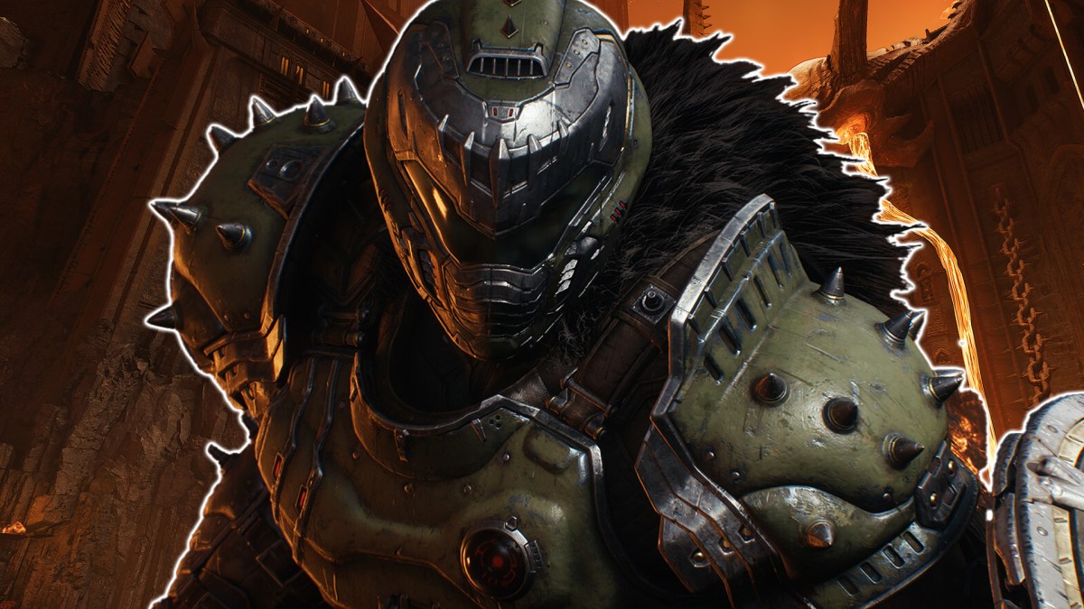 Screenshot aus Doom: The Dark Ages mit einem Artwork des Slayers im Vordergrund.