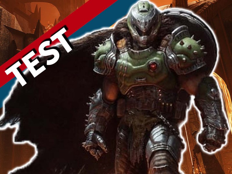 Artwork von Doom: The Dark Ages mit dem Doom Slayer im Vordergrund. Bild zusätzlich versehen mit dem Testbanner von 4P.de
