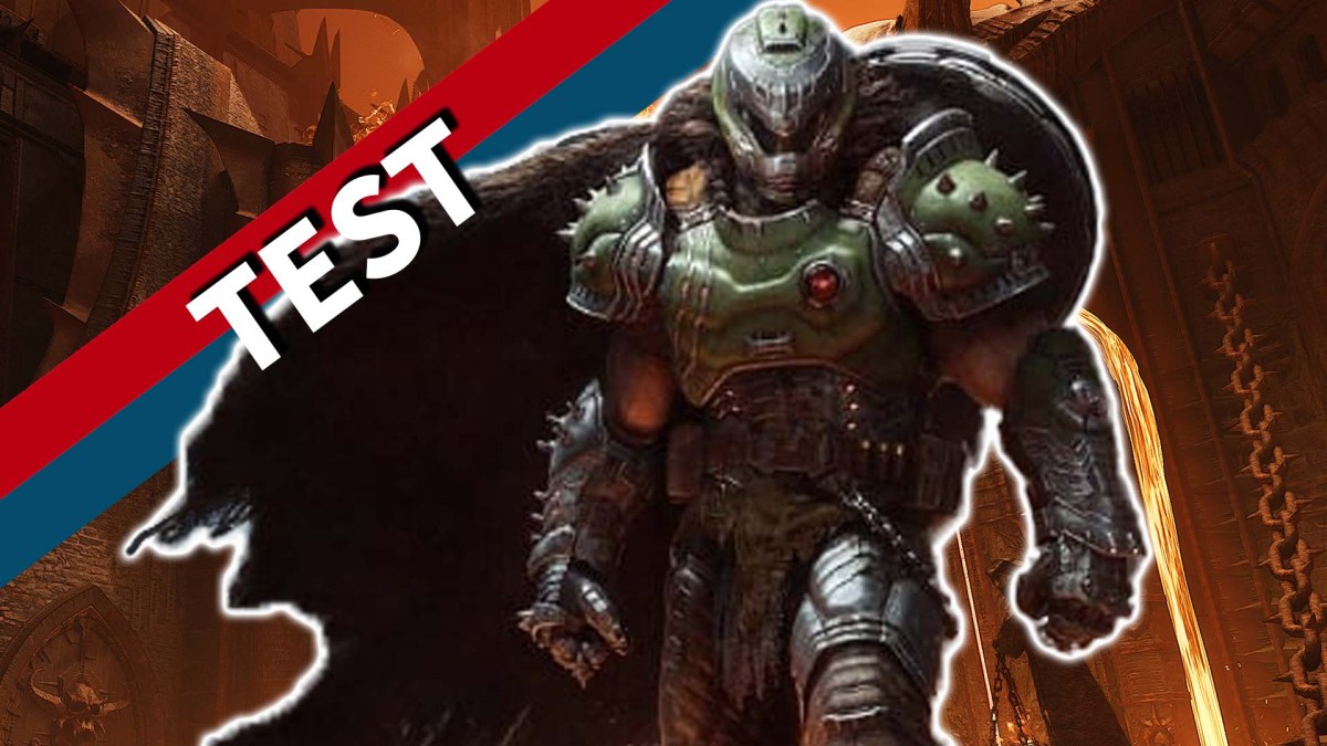 Artwork von Doom: The Dark Ages mit dem Doom Slayer im Vordergrund. Bild zusätzlich versehen mit dem Testbanner von 4P.de