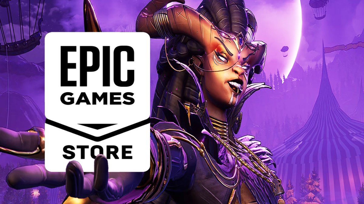 Artwork aus Tiny Tina's Wonderlands. Davor das Logo vom Epic Games Store.