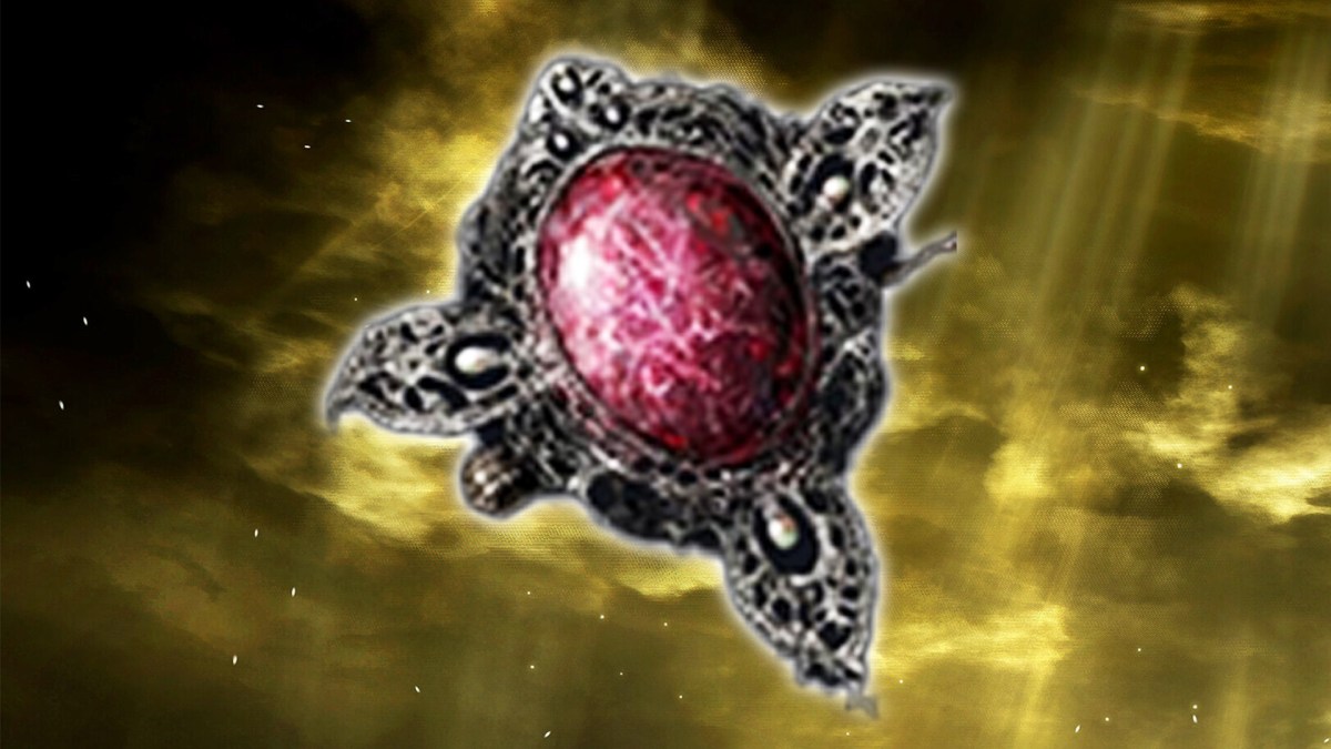 Eine Brosche aus Elden Ring: Nightreign auf gelbem Grund.