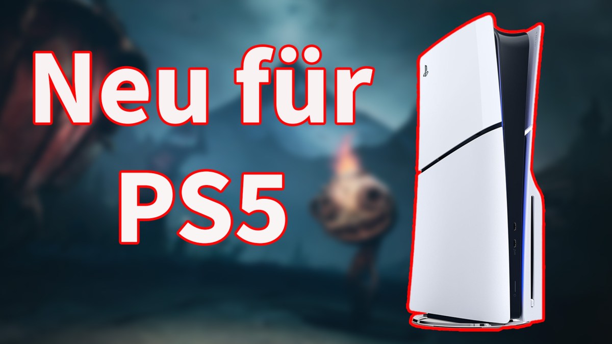 Eine Playstation 5 mit weißem Schriftzug auf dunklem Hintergrund.