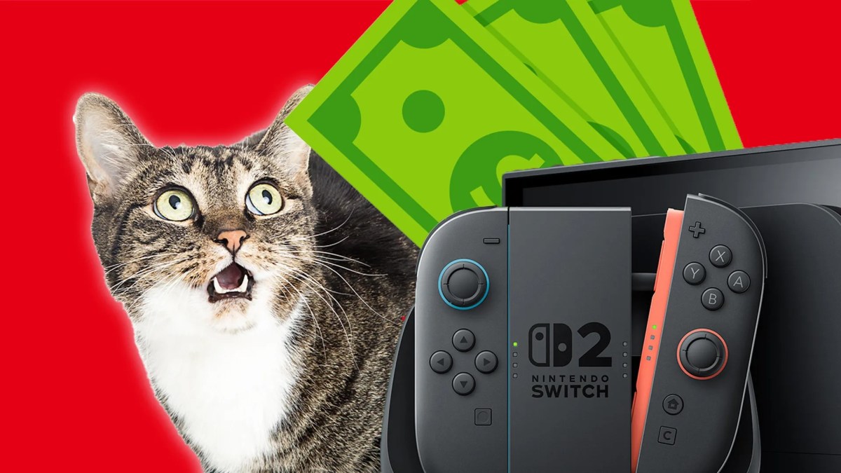 Eine Nintendo Switch 2, eine erstaunte Katze und Geldscheine auf rotem Hintergrund.