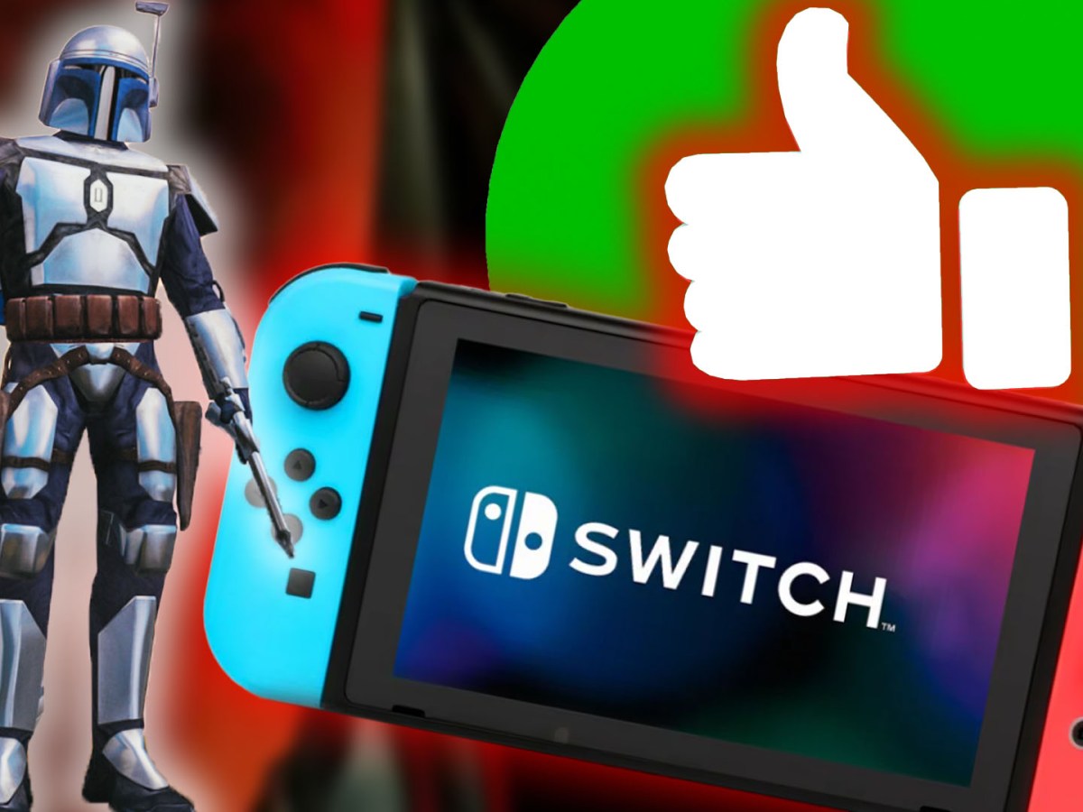 Eine Bildmontage, die einen Charakter aus Star Wars, eine Nintendo Switch und einen grün grundierten Daumen hoch zeigt.