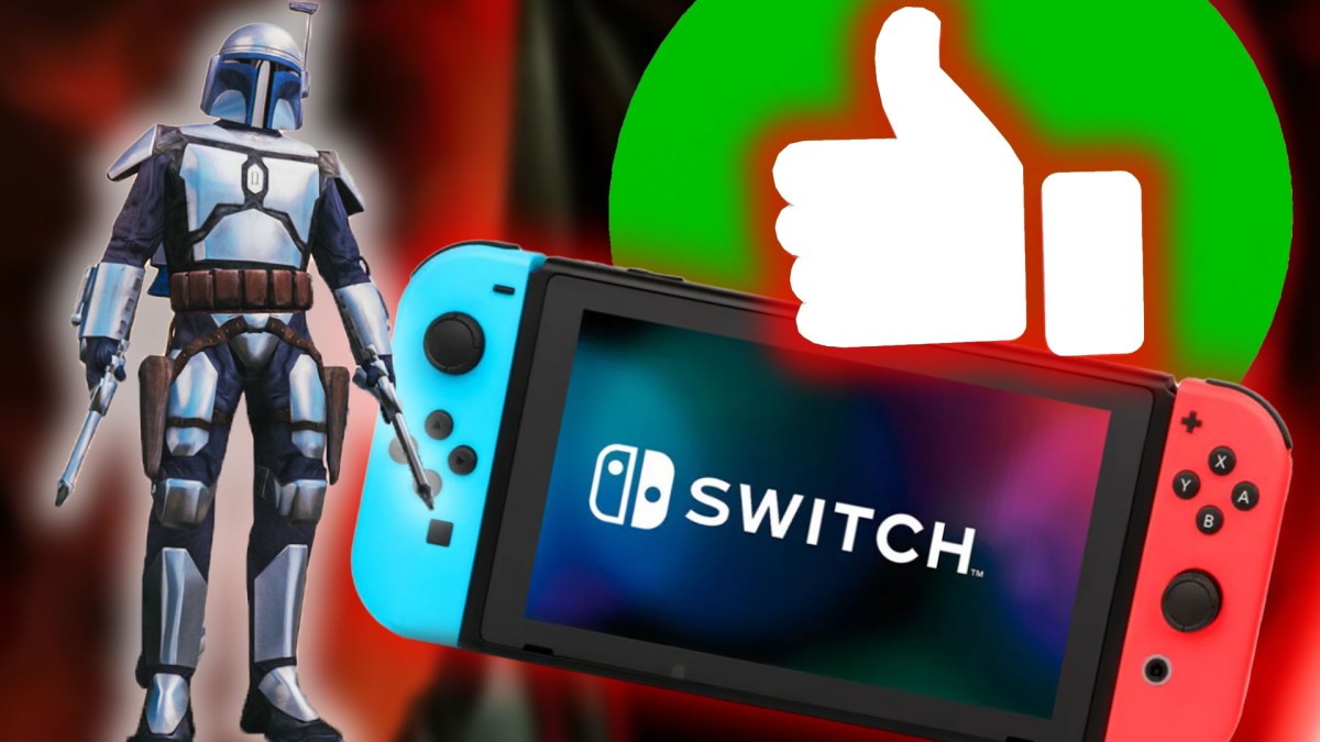 Eine Bildmontage, die einen Charakter aus Star Wars, eine Nintendo Switch und einen grün grundierten Daumen hoch zeigt.