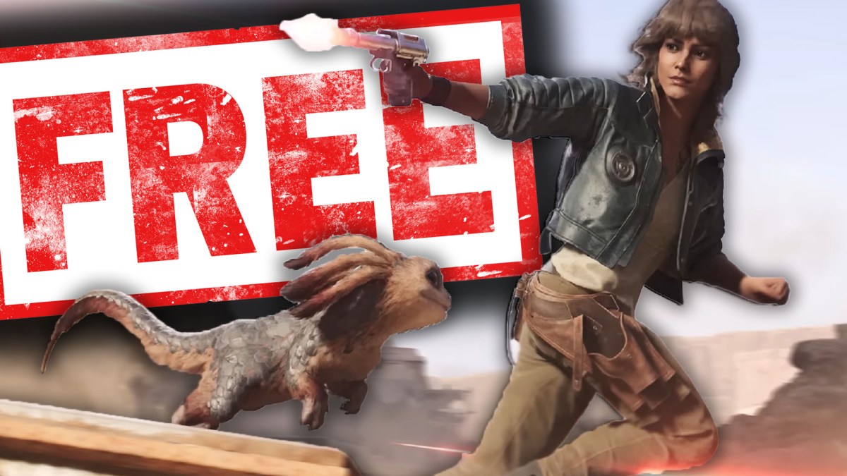 Eine Bildmontage zu Star Wars Outlaws, auf der Kay Vess, Sidekick Nix und ein Kostenlos-Button zu sehen sind.