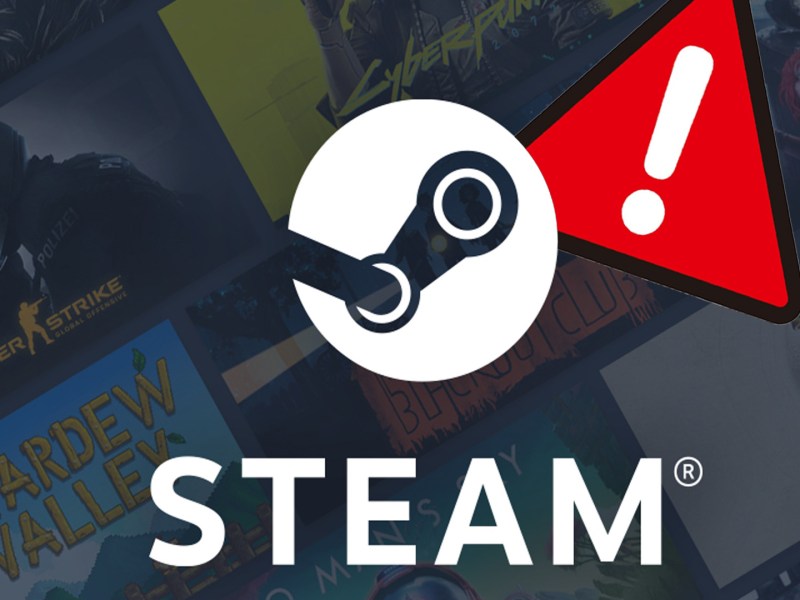 Screenshot von Steam versehen mit einem roten Warndreieck und einem weißen Ausrufezeichen.