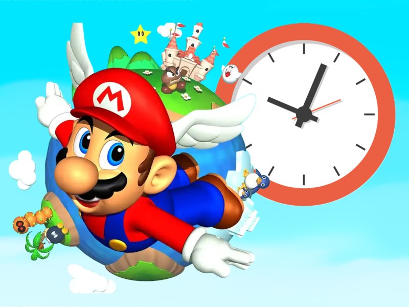 Super Mario mit Flügeln neben einer Uhr