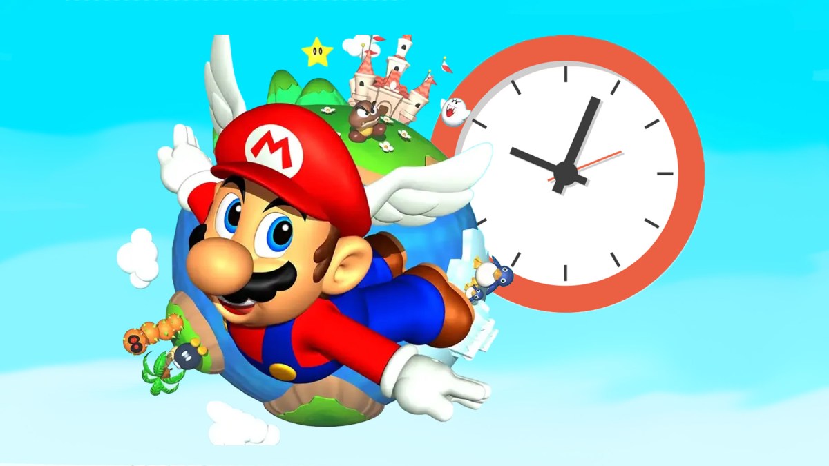 Super Mario mit Flügeln neben einer Uhr