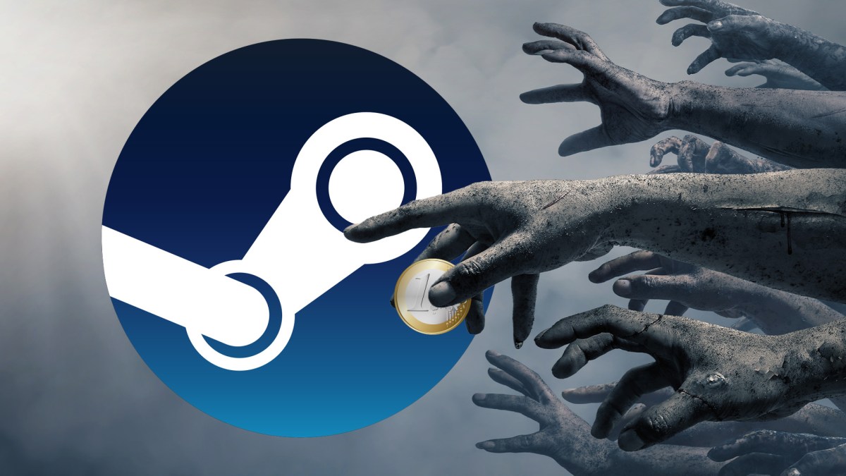 Bild von Zombie-Händen mit einer Euro-Münze und dem Steam-Logo