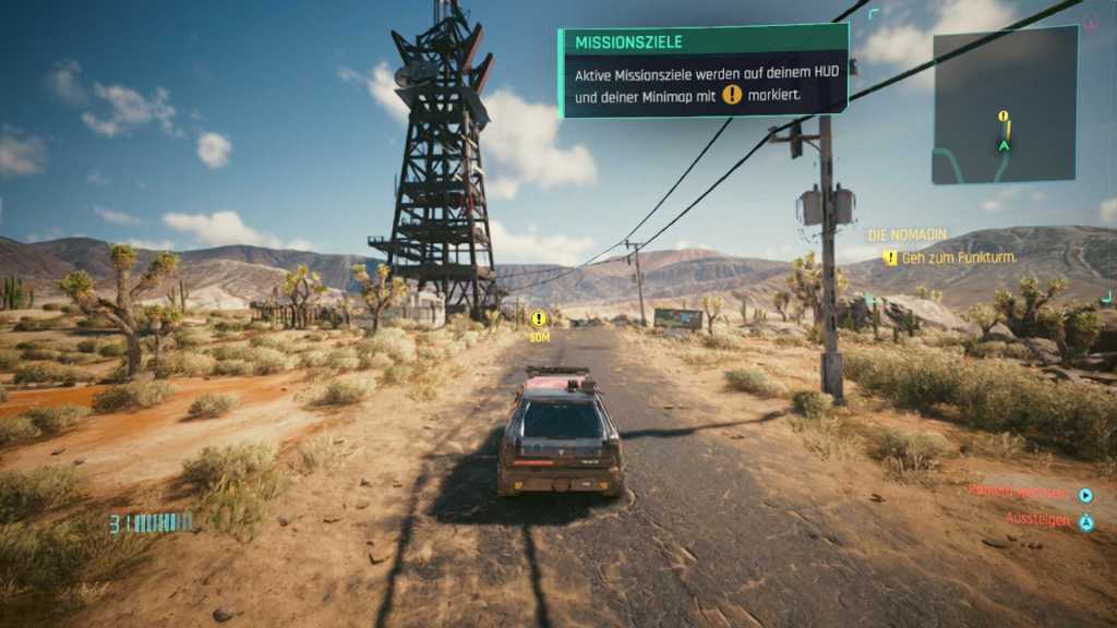 Screenshot von Cyberpunk 2077 auf der Nintendo Switch 2. In der Wüste fahren wir auf einen Sendemasten zu.