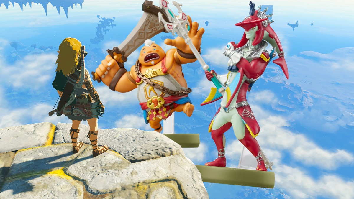 Screenshot aus The Legend of Zelda: Tears of the Kingdom. Mit Photoshop wurden zwei Amiibo ins Bild eingefügt.