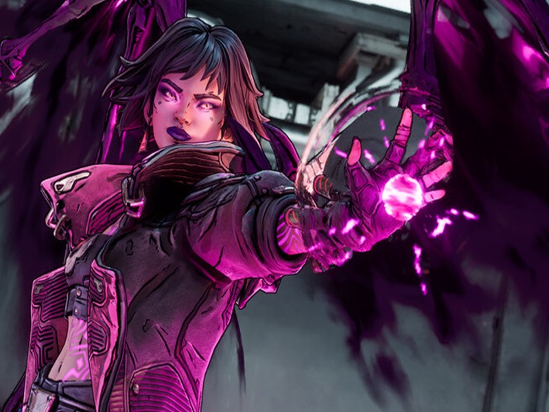 Screenshot aus Borderlands 4. Ein Charakter, die Sirene, steht im Vordergrund.
