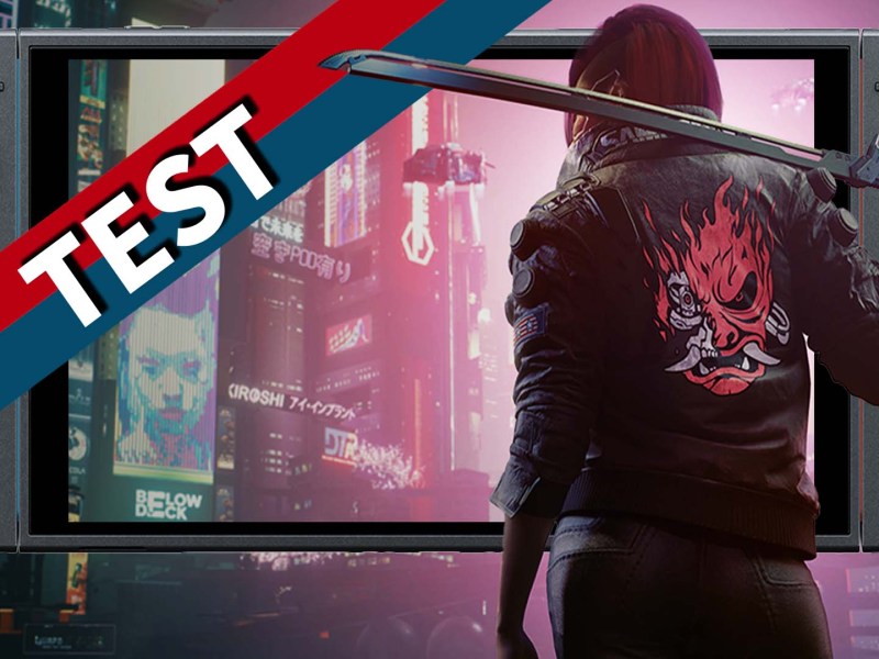 Artwork von Cyberpunk 2077. Im Vordergrund ist Protagonistin V mit einem Katana zu sehen. Im Hintergrund Night City zu sehen, sowie die Nintendo Switch 2 selbst. Versehen ist das Ganze mit dem 4P Testbanner.
