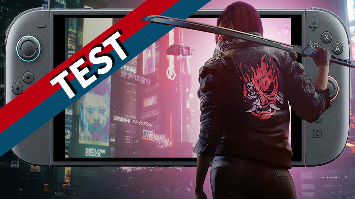 Artwork von Cyberpunk 2077. Im Vordergrund ist Protagonistin V mit einem Katana zu sehen. Im Hintergrund Night City zu sehen, sowie die Nintendo Switch 2 selbst. Versehen ist das Ganze mit dem 4P Testbanner.
