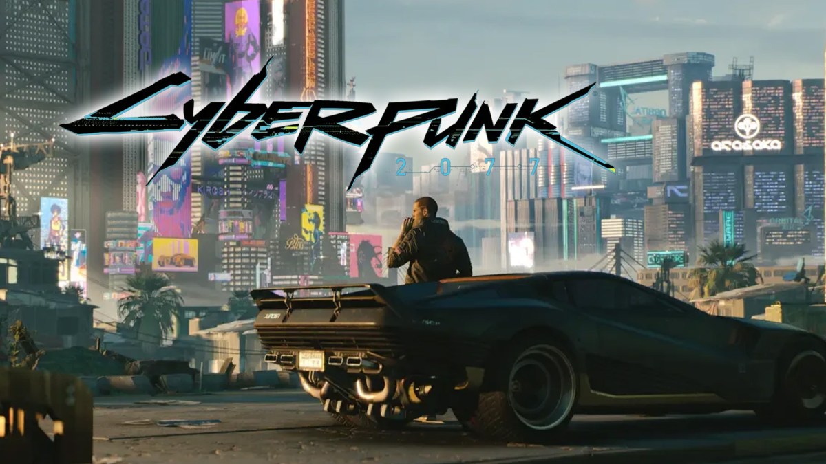 Screenshot aus Cyberpunk 2077 mit dem Logo des Spiels