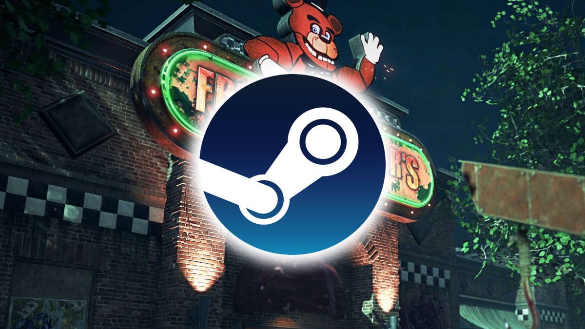 Screenshot aus dem FNAF-Kapitel von Dead By Daylight. Im Vordergrund das Logo von Steam.