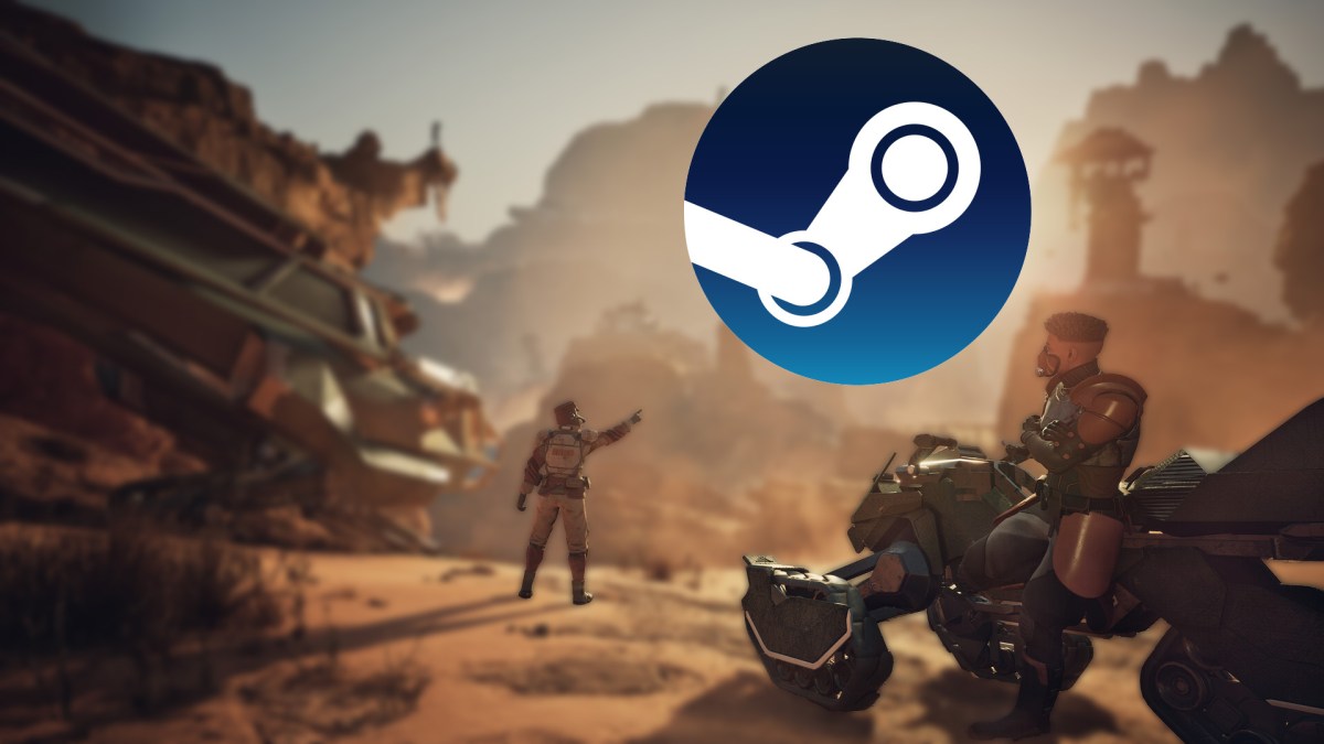 Screenshot aus Dune Awakening. Im Fokus steht das Logo von Steam.