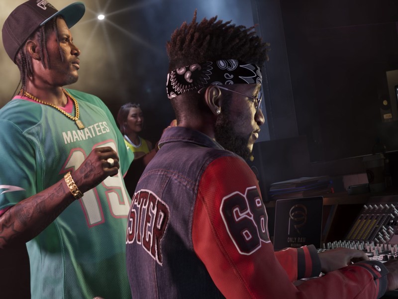 Screenshot aus GTA 6. Zu sehen sind ein Musiker und ein DJ.