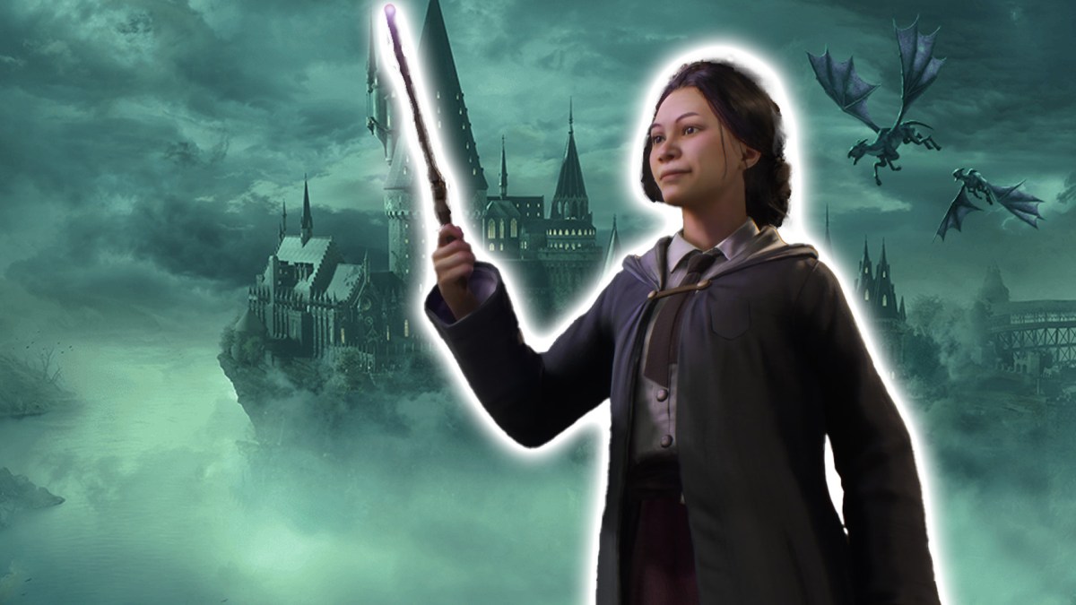 Screenshot aus Hogwarts Legacy. Im Hintergrund ist das Schloss zu sehen. Im Vordergrund eine Hexe mit einem Zauberstab.