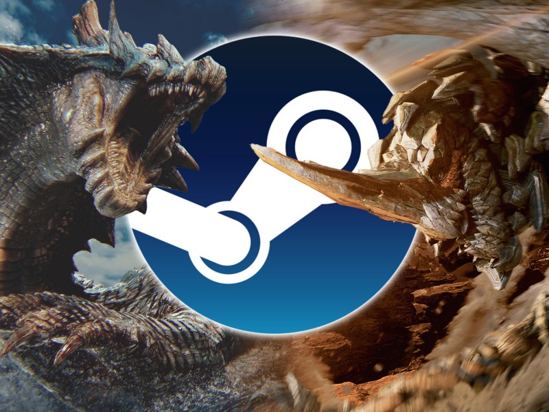 Eine Collage aus Monster Hunter Wilds und dem Steam Logo.