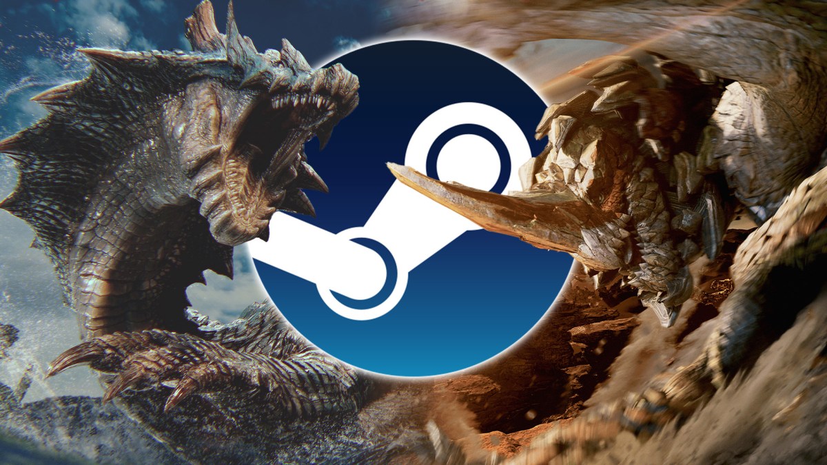 Eine Collage aus Monster Hunter Wilds und dem Steam Logo.