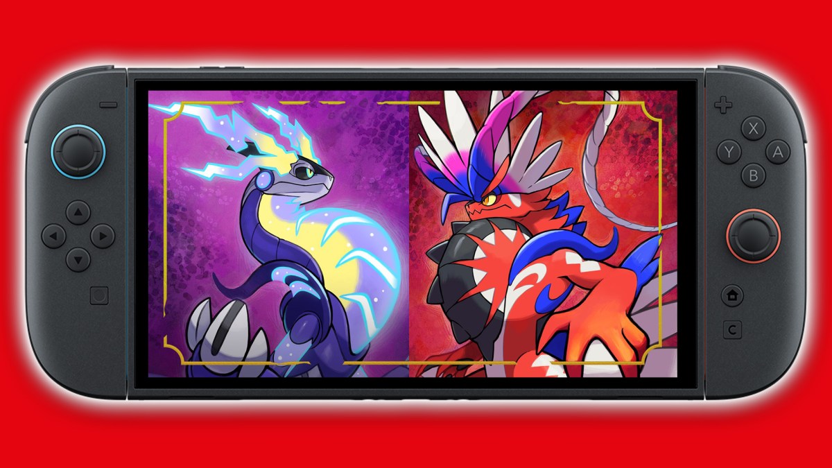 Eine Nintendo Switch 2 mit Pokémon Karmesin und Purpur darauf.