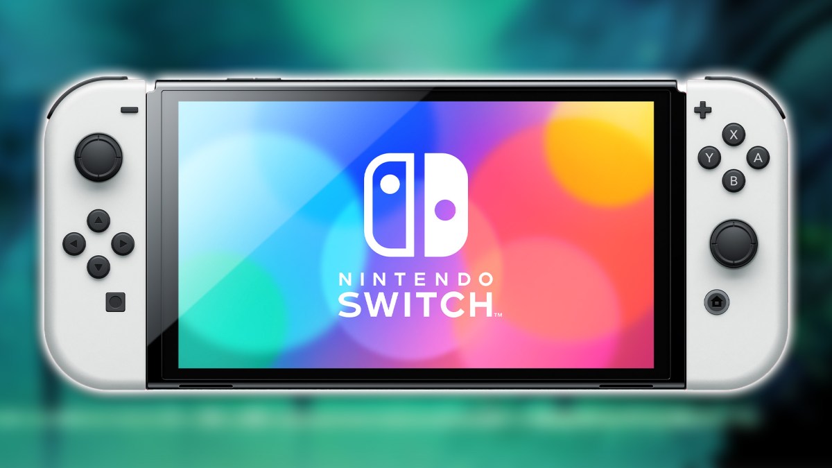 Eine Nintendo Switch auf verwaschenem Hintergrund.