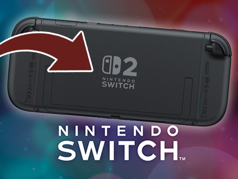 Bild der Rückseite der Nintendo Switch 2, auf die ein Pfeil zeigt