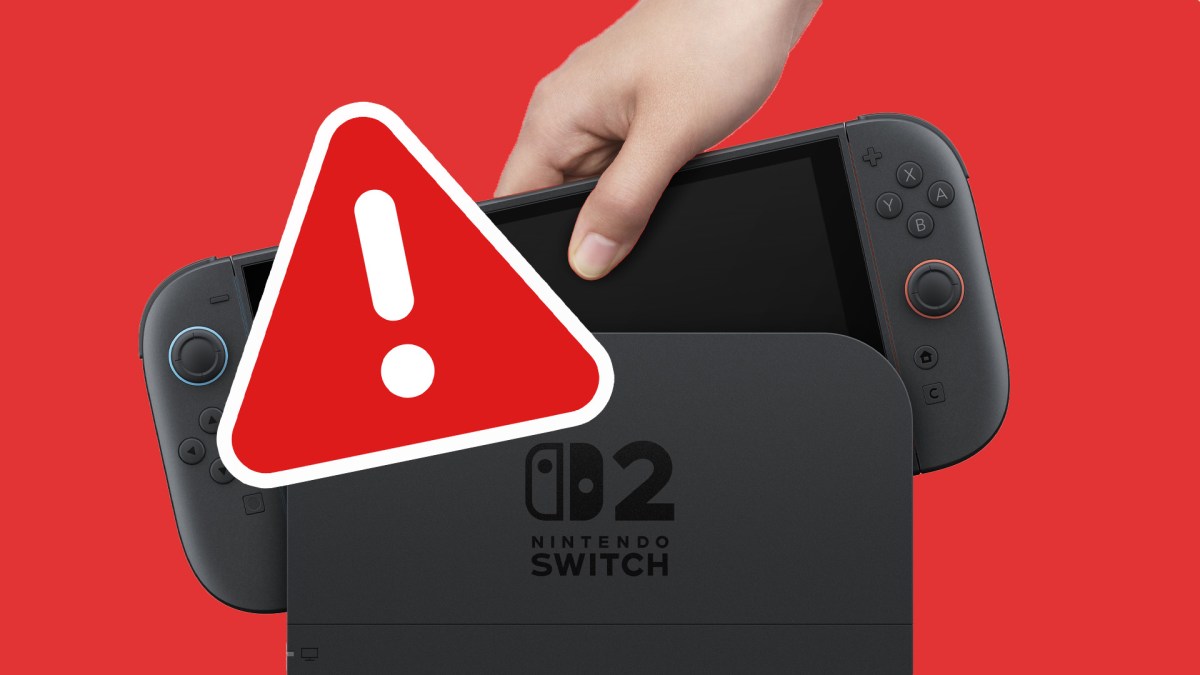 Eine Nintendo Switch 2 im Dock mit einem Warnzeichen