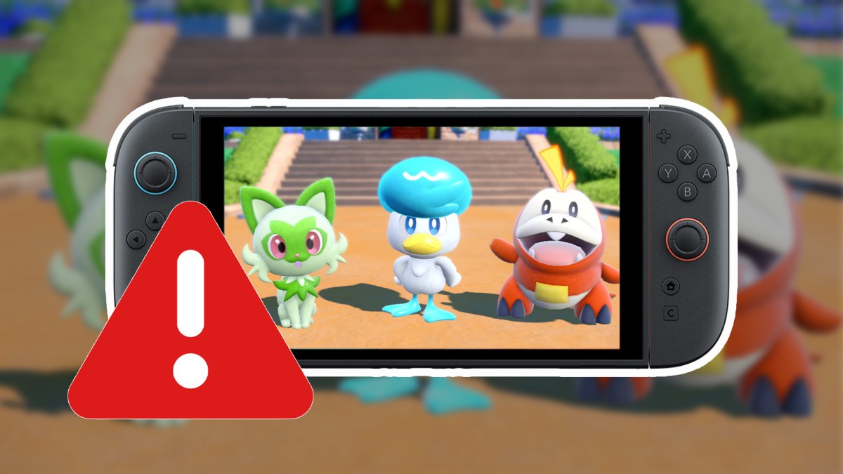 Screenshot aus Pokémon: Karmesin & Purpur auf der Nintendo Switch 2 mit einem Warnsymbol