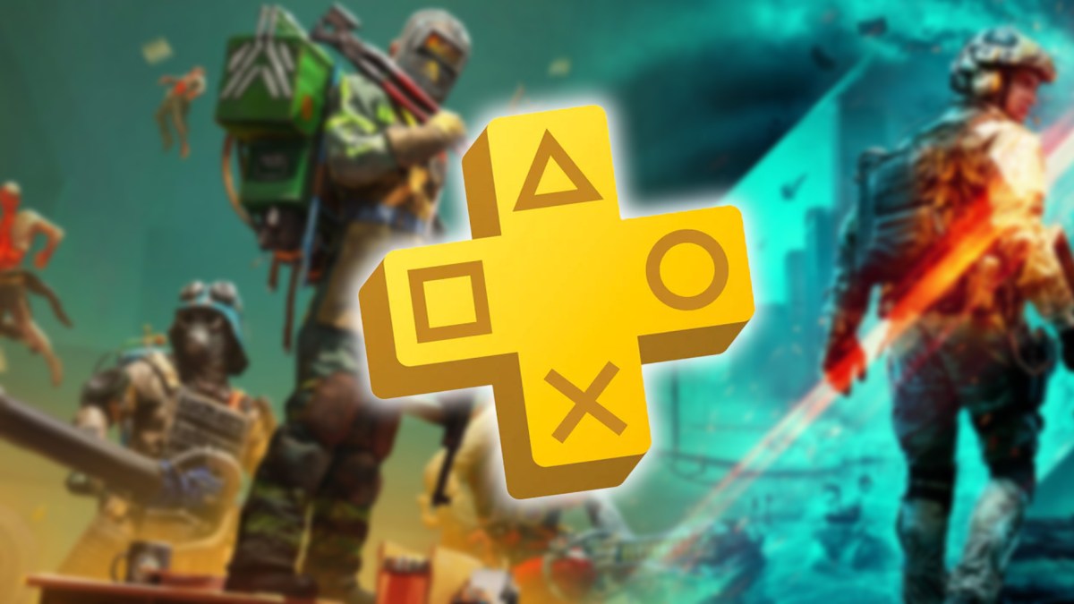 Screenshot-Collage aus FBC: Firebreak und Battlefield 2042. Davor das Logo von PS Plus.