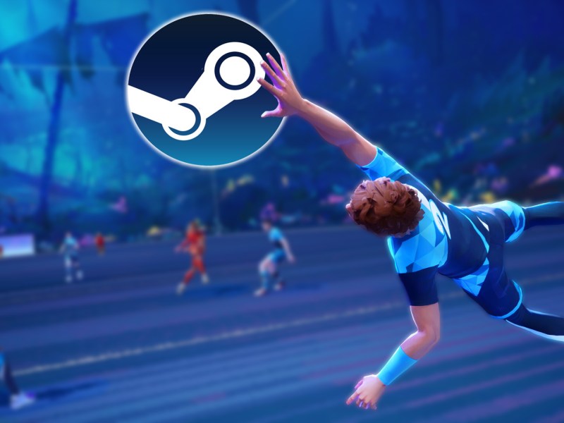 Screenshot aus Rematch. Versehen mit dem Logo von Steam.