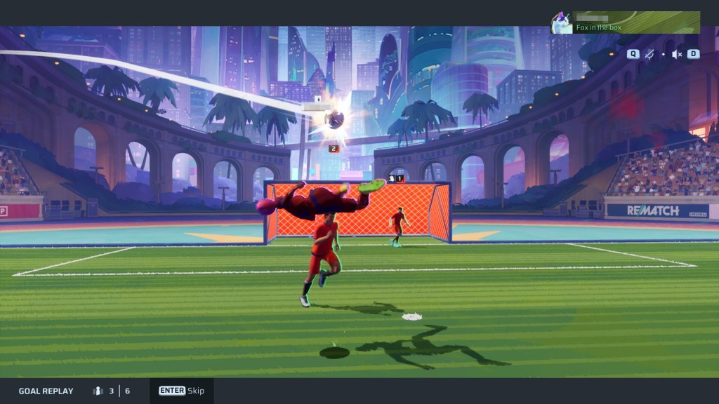 Screenshot aus Rematch. Es ist ein Volley-Torschuss zu sehen.