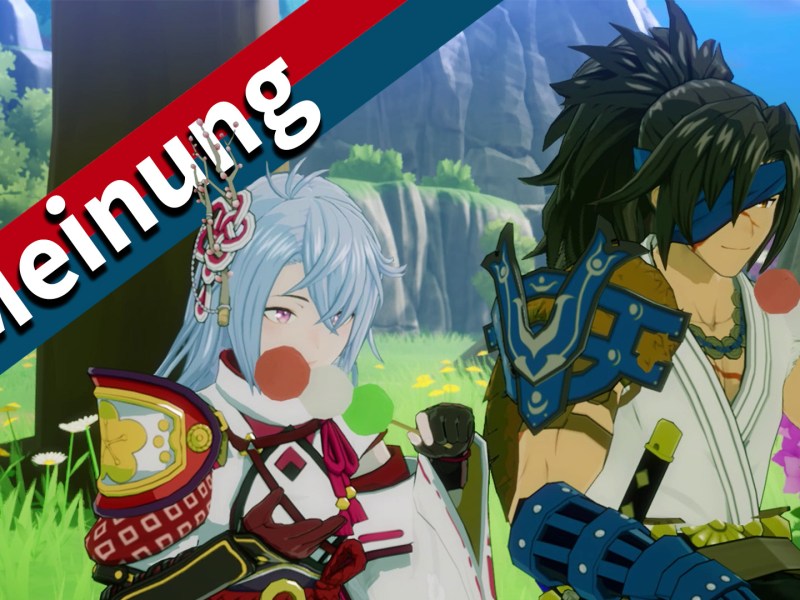 Screenshot aus Rune Factory: Guardians of Azuma mit zwei Charakteren, die Dango essen und dem Schriftzug 