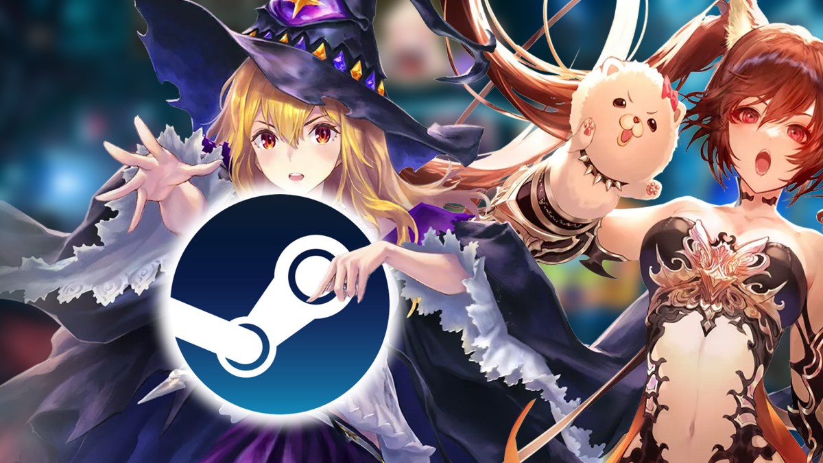Screenshot aus Shadowverse: Worlds Beyond. Zwei Charaktere aus dem Spiel sind zu sehen. Dazu das Logo von Steam.