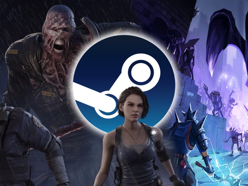 Screenshot-Collage aus Dead by Daylight (Resident Evil Kapitel) und Len's Island. Versehen mit dem Logo von Steam.