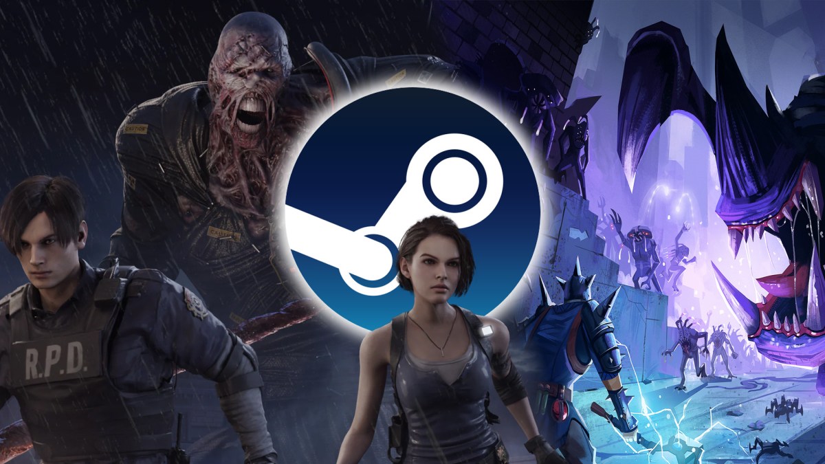 Screenshot-Collage aus Dead by Daylight (Resident Evil Kapitel) und Len's Island. Versehen mit dem Logo von Steam.