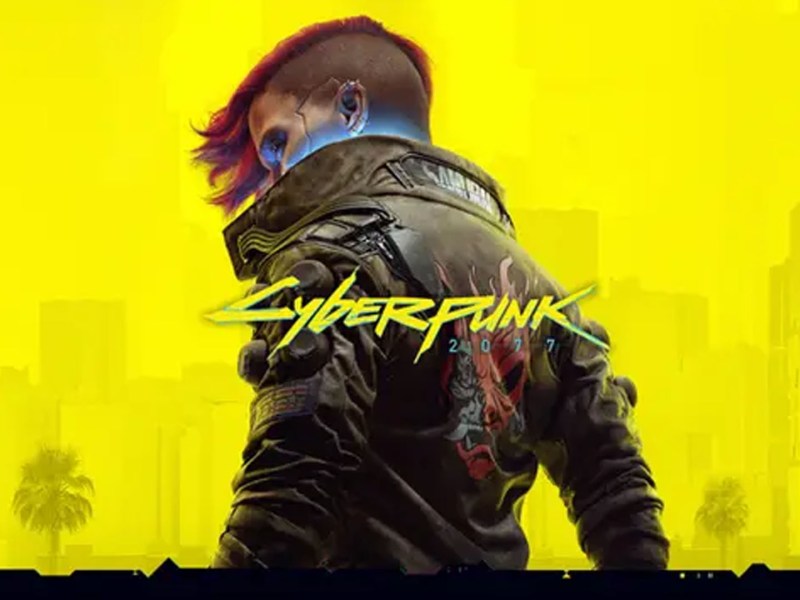 Artwork zu Cyberpunk 2077 mit dem Logo des Spiels vor dem Rücken eines Charakters